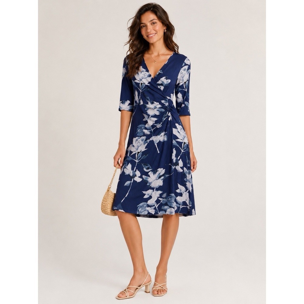 Soft Surroundings Petite XS Blue Floral Dress Faux Wrap Ruched Stretch Midi